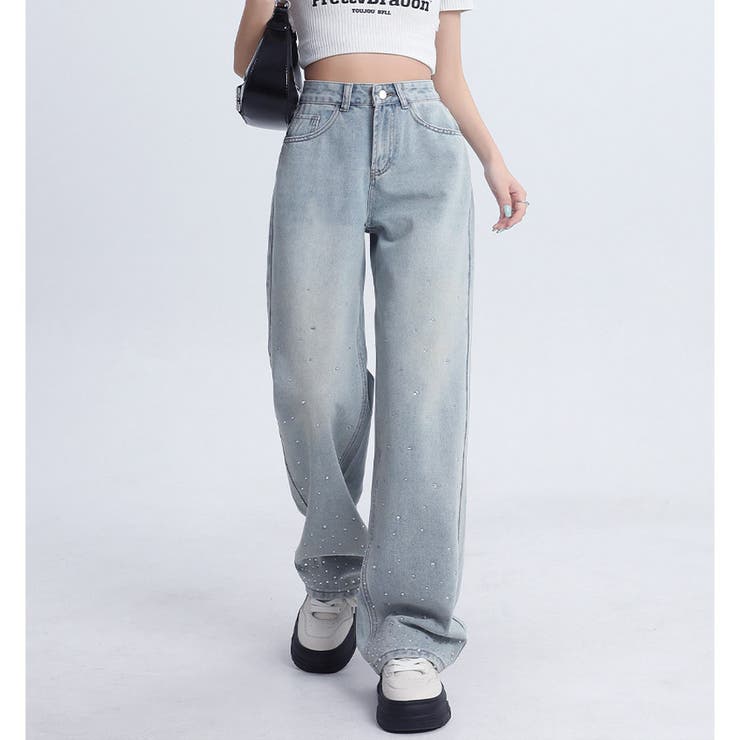 ライトブルー | ラインストーンデニムパンツ ビジュジーパン ベルボトム | shoppinggo