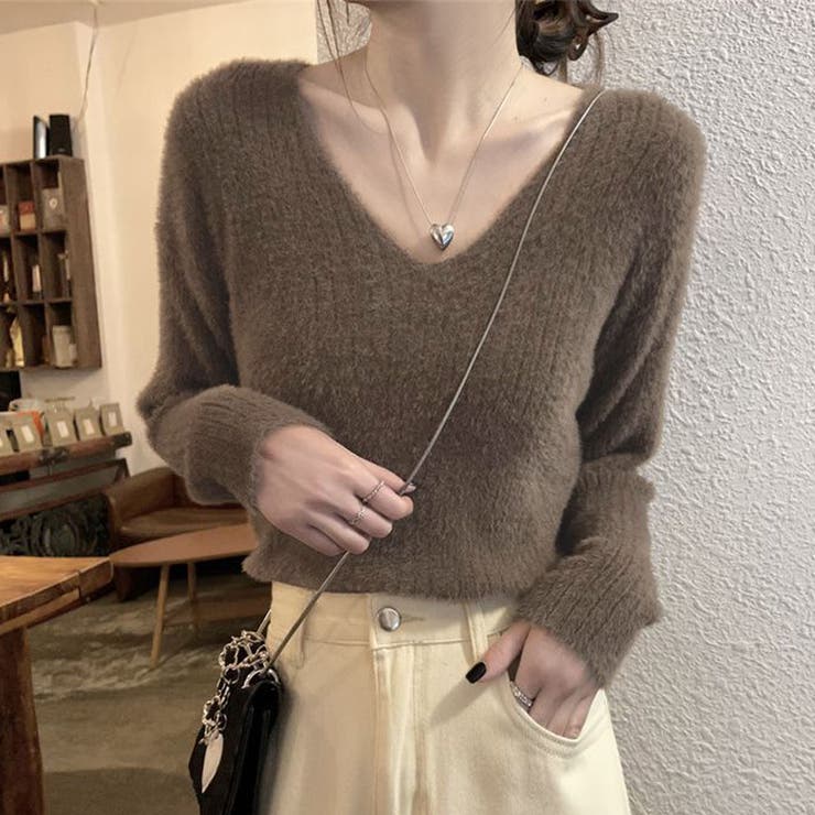 ブラウン | ニットセーター Vネック シャギーニット | shoppinggo