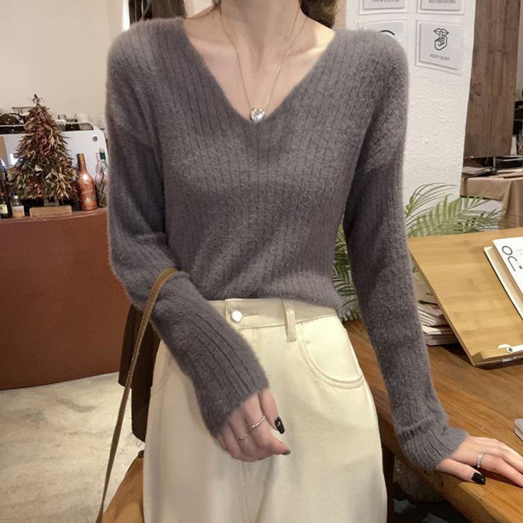 グレー | ニットセーター Vネック シャギーニット | shoppinggo