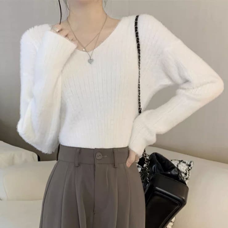 ホワイト | ニットセーター Vネック シャギーニット | shoppinggo