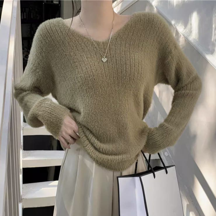 オリーブ | ニットセーター Vネック シャギーニット | shoppinggo