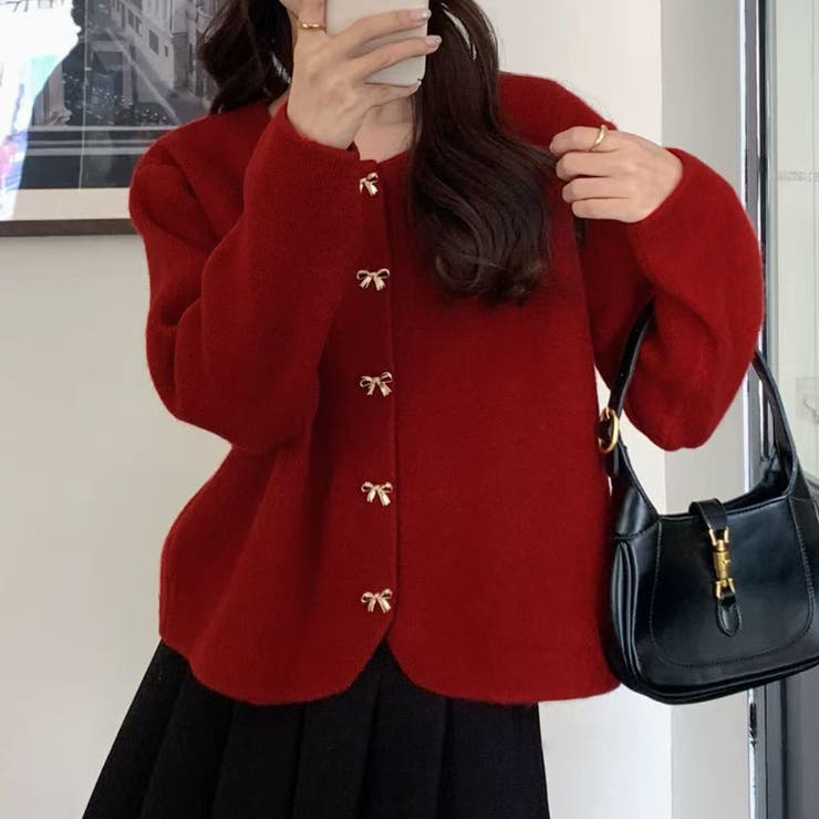 ワインレッド | ニットカーディガン リボンボタン ニットセーター | shoppinggo