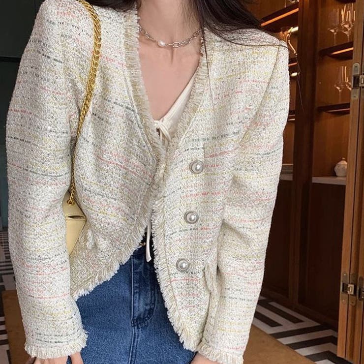 ベージュ | ジャケット ツイード柄 ノーカラー | shoppinggo