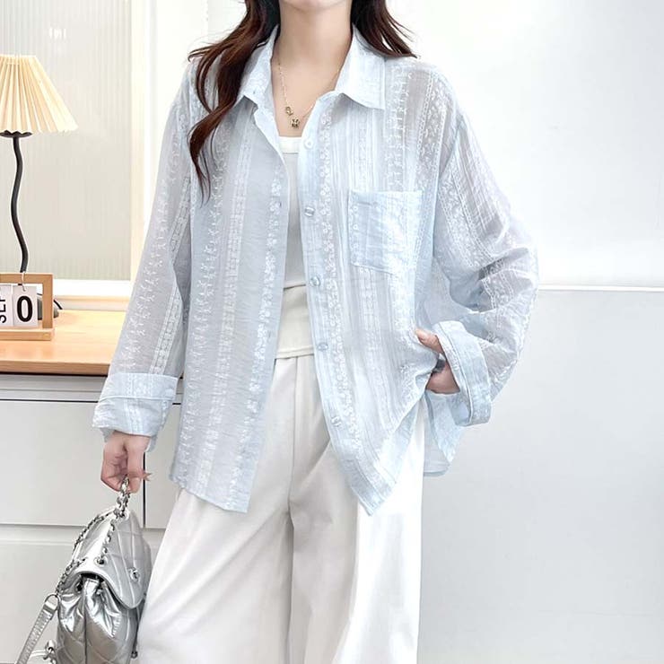 シャツカーディガン 3Dフラワープリント 透け感 | shoppinggo | 詳細画像4 