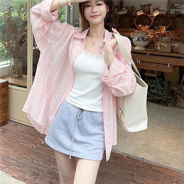 ライトピンク | シャツカーディガン 3Dフラワープリント 透け感 | shoppinggo