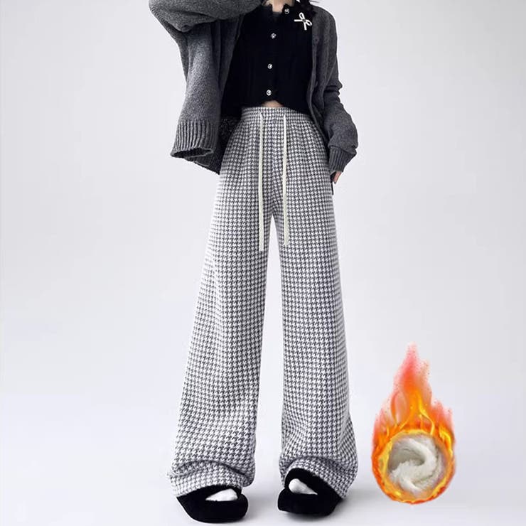 ブラック | 裏起毛パンツ 千鳥格子 ワイドパンツ | shoppinggo