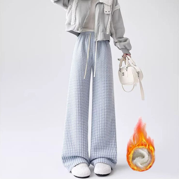 ブルー | 裏起毛パンツ 千鳥格子 ワイドパンツ | shoppinggo
