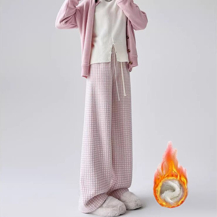 ピンク | 裏起毛パンツ 千鳥格子 ワイドパンツ | shoppinggo