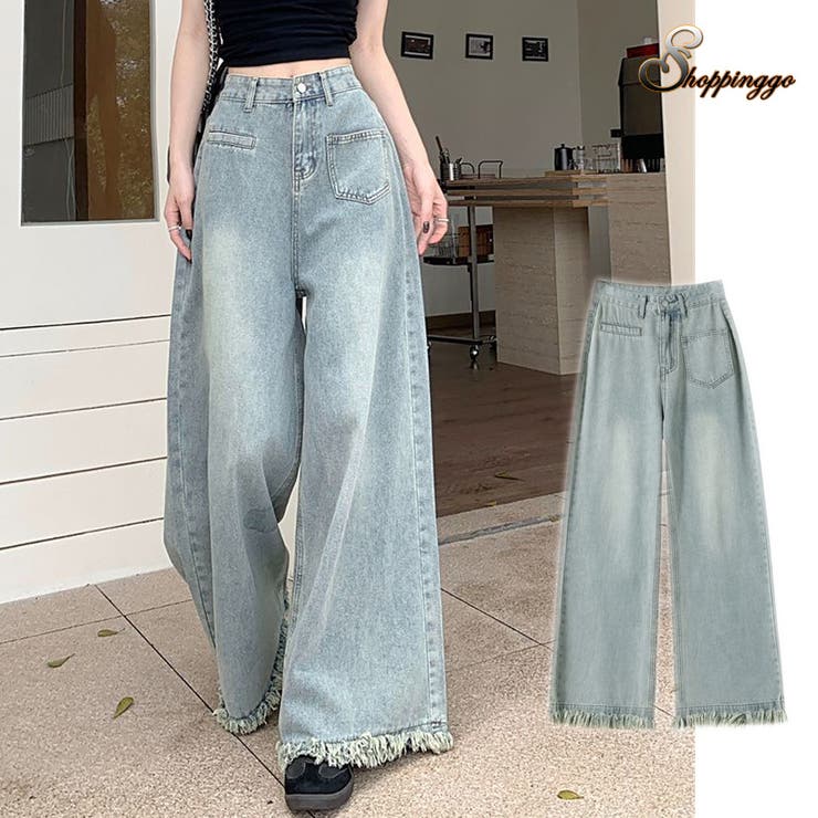ワイドデニムパンツ ハイウエスト 裾フリンジ | shoppinggo | 詳細画像1 