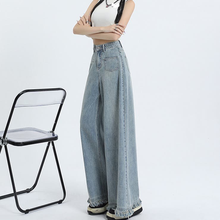 ワイドデニムパンツ ハイウエスト 裾フリンジ | shoppinggo | 詳細画像3 