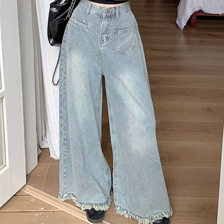 ワイドデニムパンツ ハイウエスト 裾フリンジ | shoppinggo | 詳細画像4 