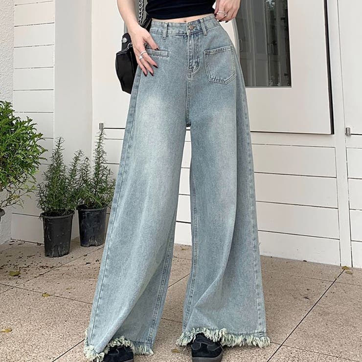 ワイドデニムパンツ ハイウエスト 裾フリンジ | shoppinggo | 詳細画像5 