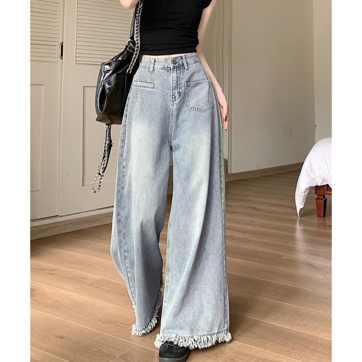 ワイドデニムパンツ ハイウエスト 裾フリンジ | shoppinggo | 詳細画像7 