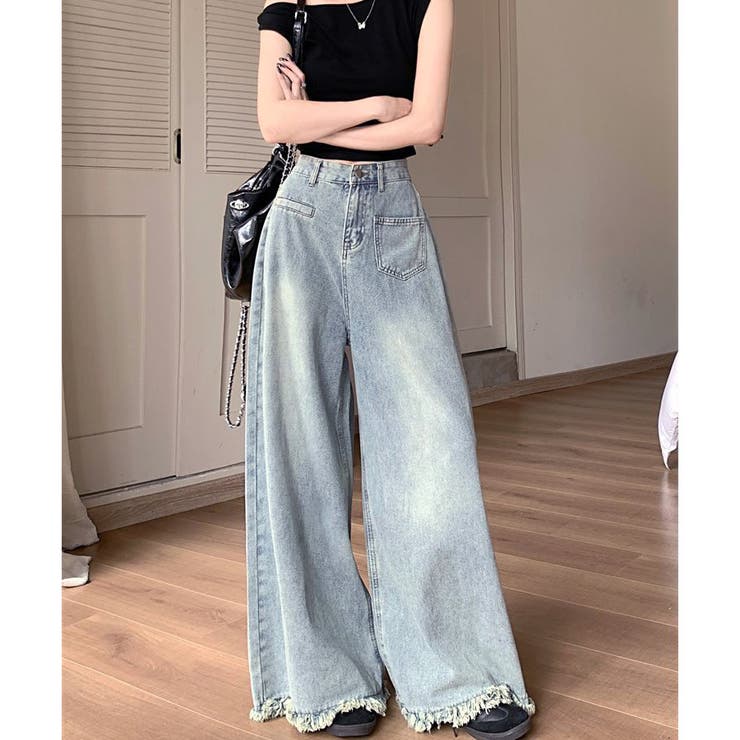 ワイドデニムパンツ ハイウエスト 裾フリンジ | shoppinggo | 詳細画像8 