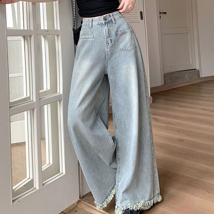 ワイドデニムパンツ ハイウエスト 裾フリンジ | shoppinggo | 詳細画像9 