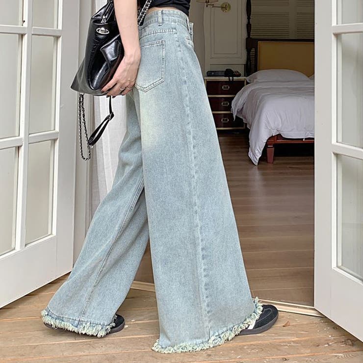 ワイドデニムパンツ ハイウエスト 裾フリンジ | shoppinggo | 詳細画像10 