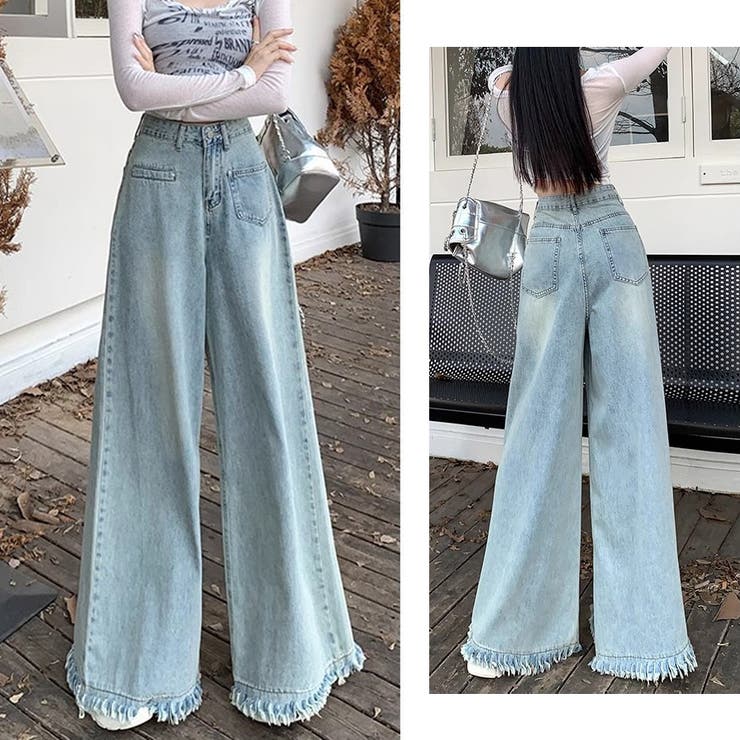 ワイドデニムパンツ ハイウエスト 裾フリンジ | shoppinggo | 詳細画像14 