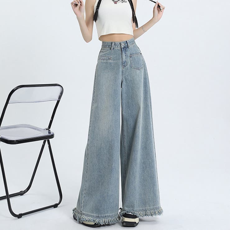 ライトブルー | ワイドデニムパンツ ハイウエスト 裾フリンジ | shoppinggo