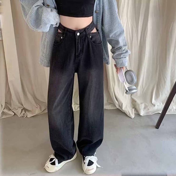 ブラック | デニムパンツ ウエスト穴あき ウエストマーク | shoppinggo