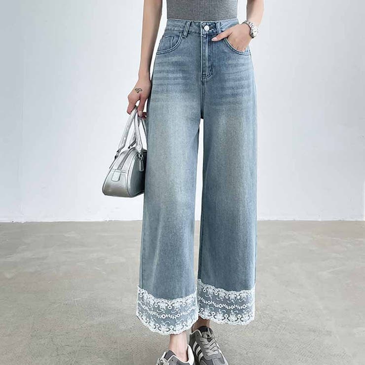 ライトブルー | デニムパンツ 低身長 裾レース付き | shoppinggo
