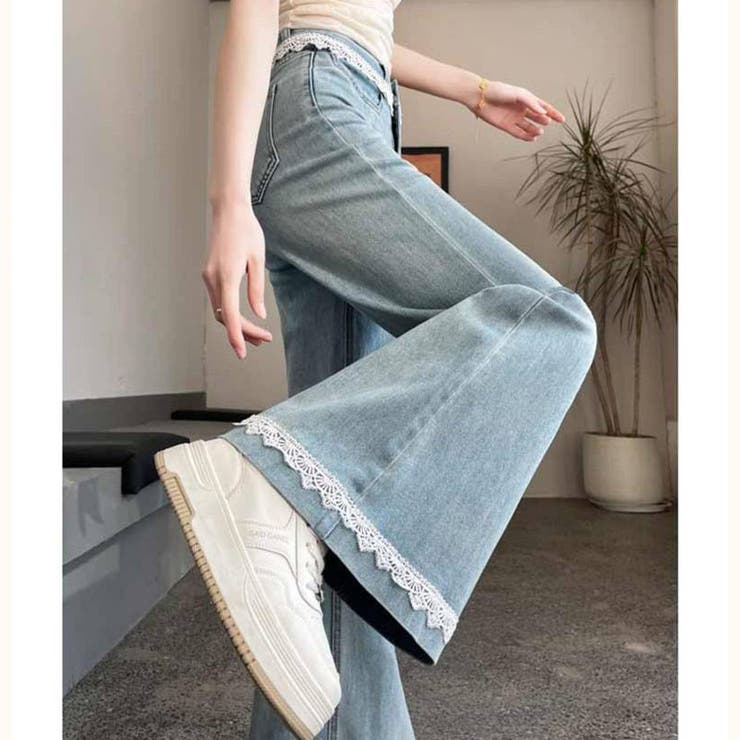 レース付きデニムパンツ レディース ハイウエストパンツ | shoppinggo | 詳細画像3 