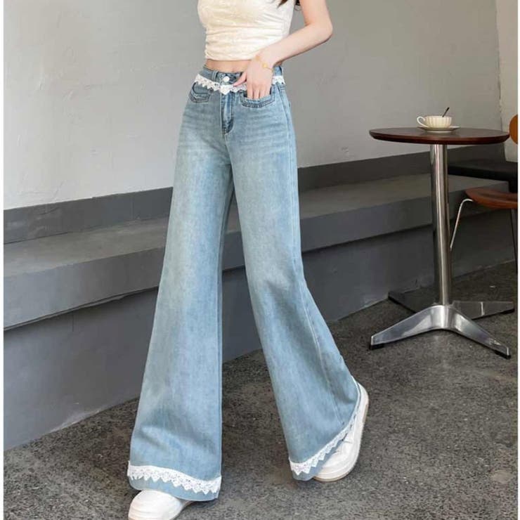 レース付きデニムパンツ レディース ハイウエストパンツ | shoppinggo | 詳細画像4 