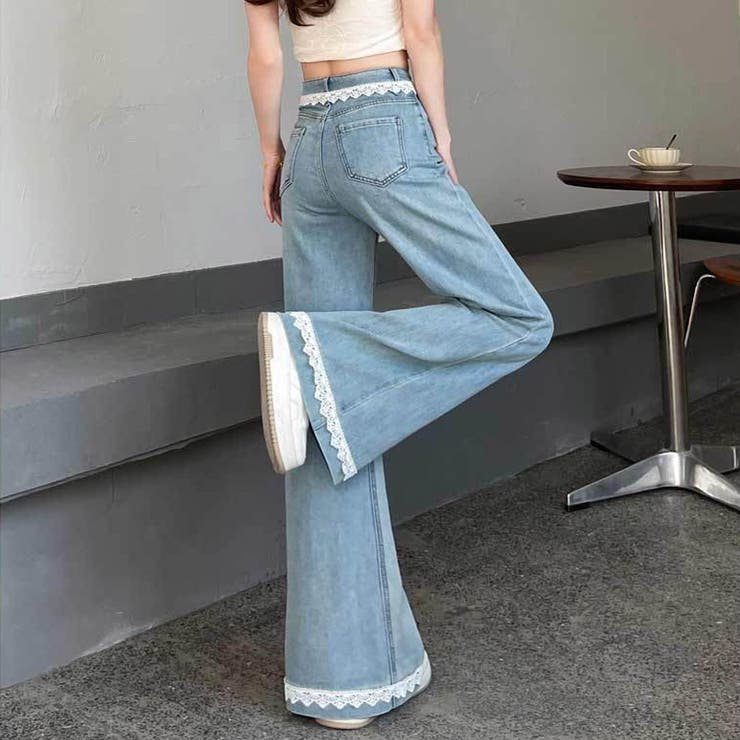 レース付きデニムパンツ レディース ハイウエストパンツ | shoppinggo | 詳細画像5 