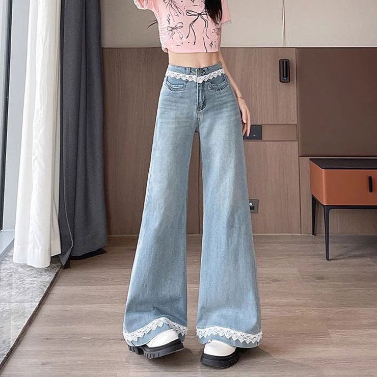 レース付きデニムパンツ レディース ハイウエストパンツ | shoppinggo | 詳細画像8 