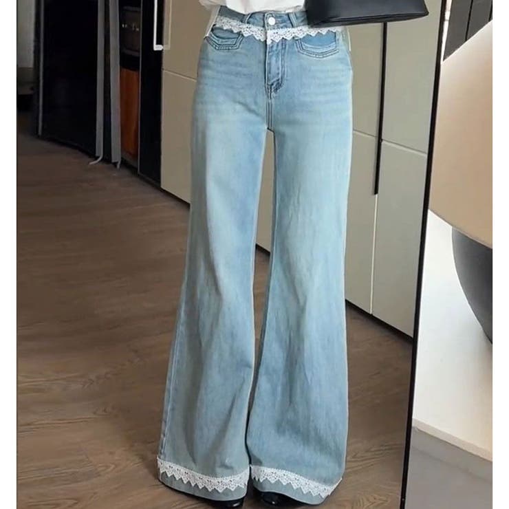 レース付きデニムパンツ レディース ハイウエストパンツ | shoppinggo | 詳細画像16 