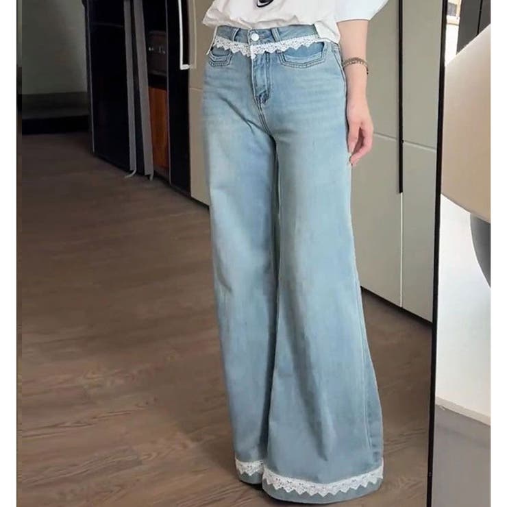 レース付きデニムパンツ レディース ハイウエストパンツ | shoppinggo | 詳細画像17 