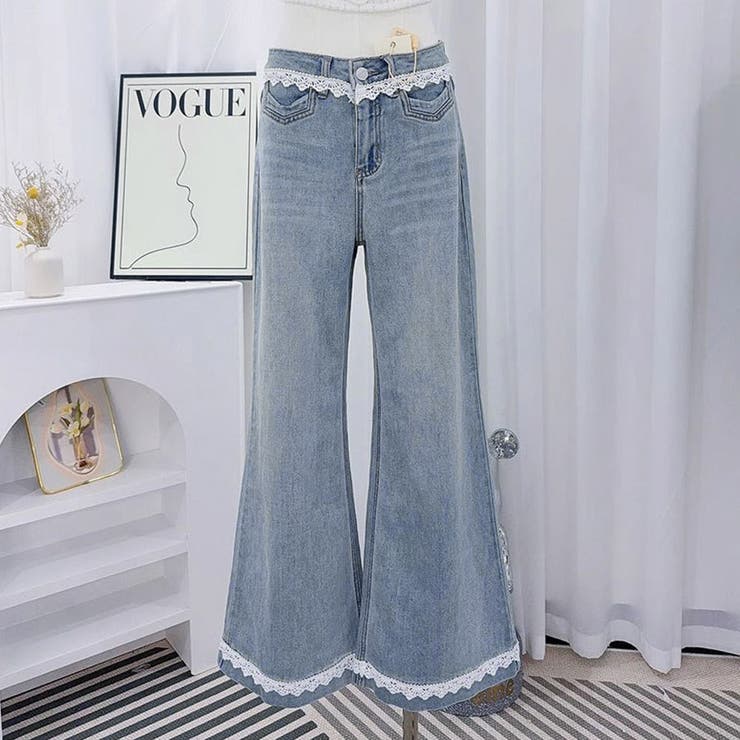 レース付きデニムパンツ レディース ハイウエストパンツ | shoppinggo | 詳細画像18 