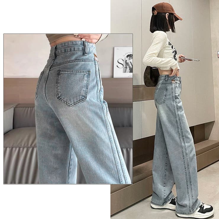 サイドラインデニムパンツ ジーンズ ジーパン[品番：JRKW0005358
