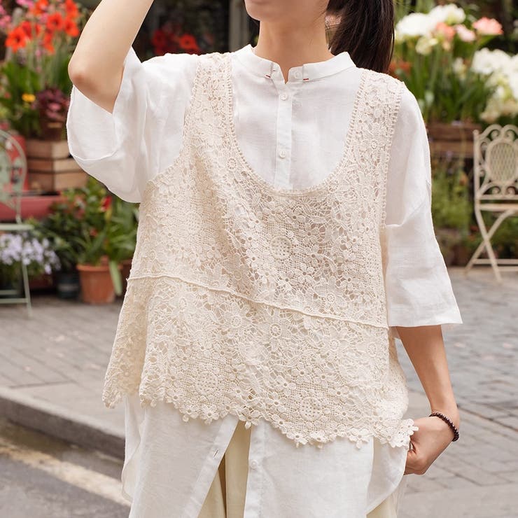 ベージュ | 透かし編みメッシュニット ノースリーブトップス サマーニット | shoppinggo