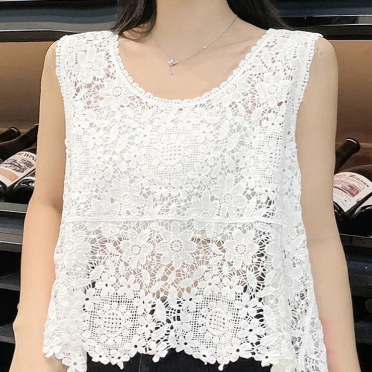 ホワイト | 透かし編みメッシュニット ノースリーブトップス サマーニット | shoppinggo