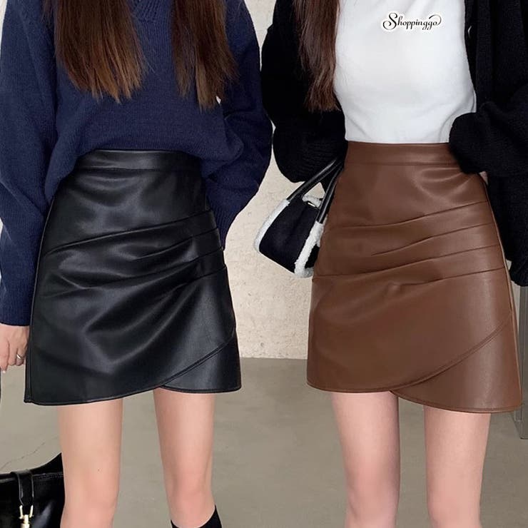 ミニスカート フェイクレザーインナーパンツ付 台形スカート黒 韓国 | shoppinggo | 詳細画像1 