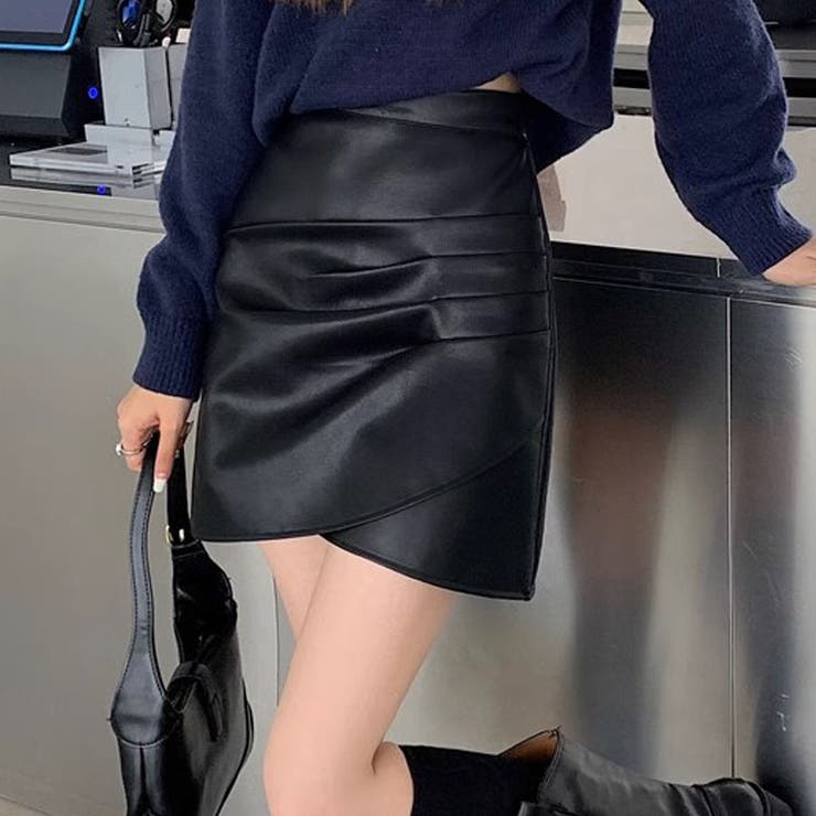 ミニスカート フェイクレザーインナーパンツ付 台形スカート黒 韓国 | shoppinggo | 詳細画像9 