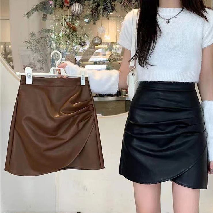 ミニスカート フェイクレザーインナーパンツ付 台形スカート黒 韓国 | shoppinggo | 詳細画像10 