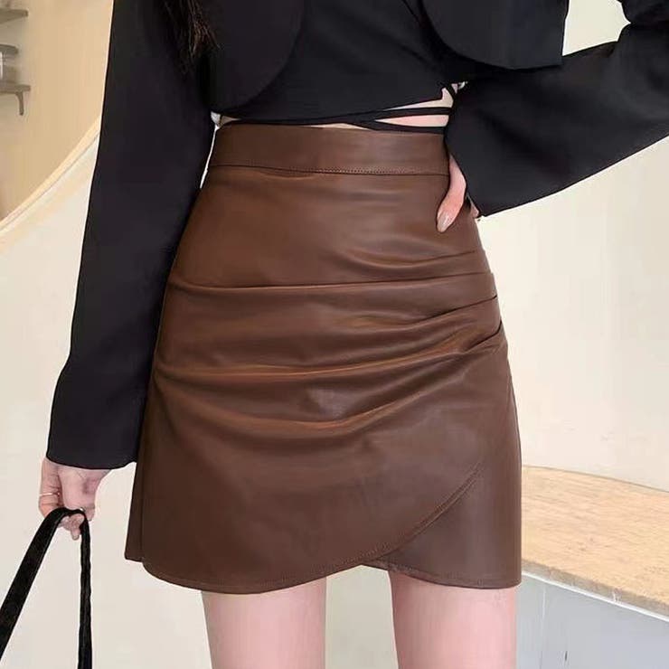 ブラウン | ミニスカート フェイクレザーインナーパンツ付 台形スカート黒 韓国 | shoppinggo