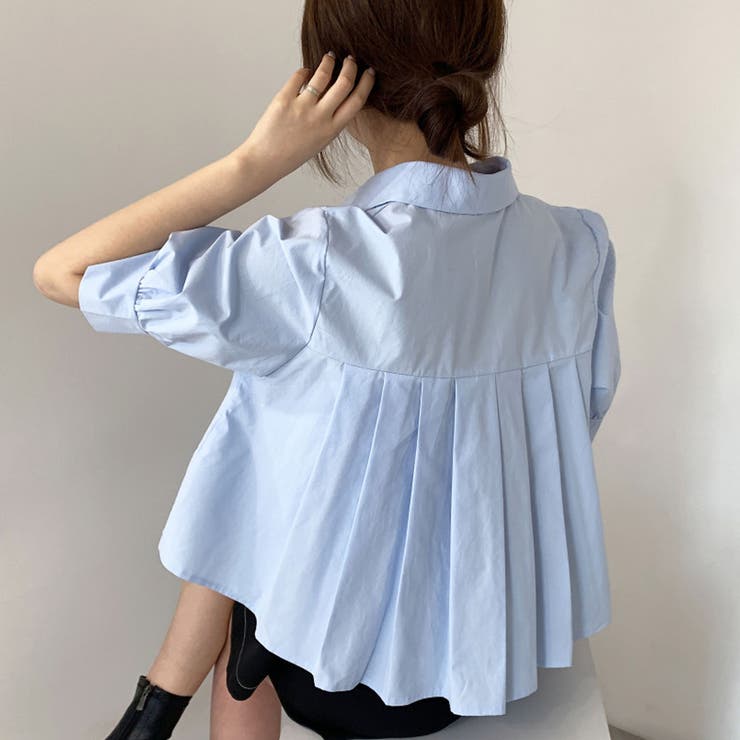 ブルー | バックプリーツシャツ タック ブラウス | shoppinggo