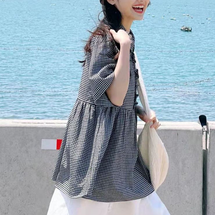 アシンメトリーフリルシャツ 半袖 チェックシャツ | shoppinggo | 詳細画像3 