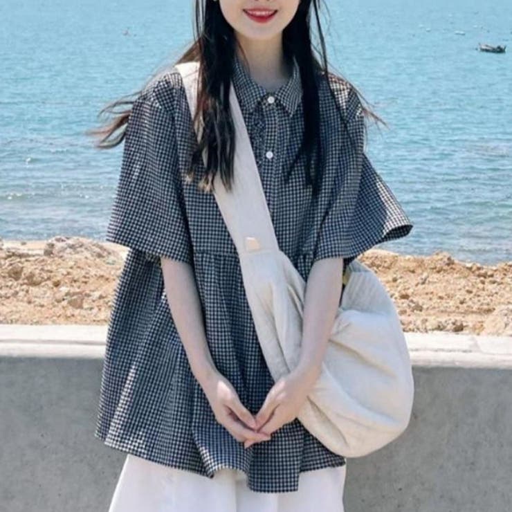 ブラックホワイト | アシンメトリーフリルシャツ 半袖 チェックシャツ | shoppinggo