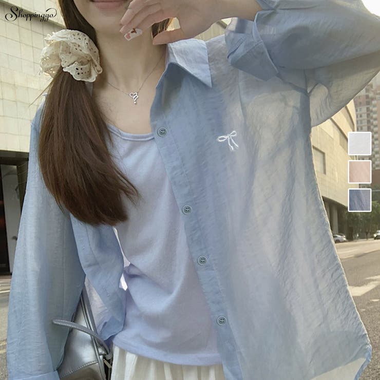 シャツカーディガン フロントリボン刺しゅう 透け感 | shoppinggo | 詳細画像1 