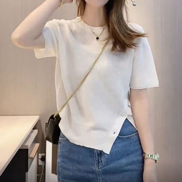 ホワイト | 夏服 サイドボタンサマーニット 半袖 | shoppinggo