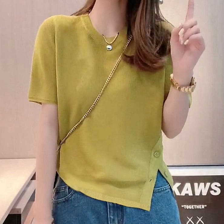 黄緑色 | 夏服 サイドボタンサマーニット 半袖 | shoppinggo