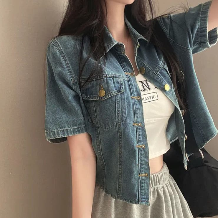  ★半袖 デニム ジップ シャツ ジャケット★チェック Pre-Order】ジップデニムシャツブルゾン / Zip Denim Shirt