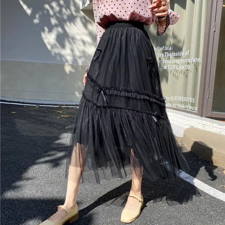 ブラック | 【NANA&NANAコラボ】チュールスカート リボンモチーフ フレアスカート | shoppinggo