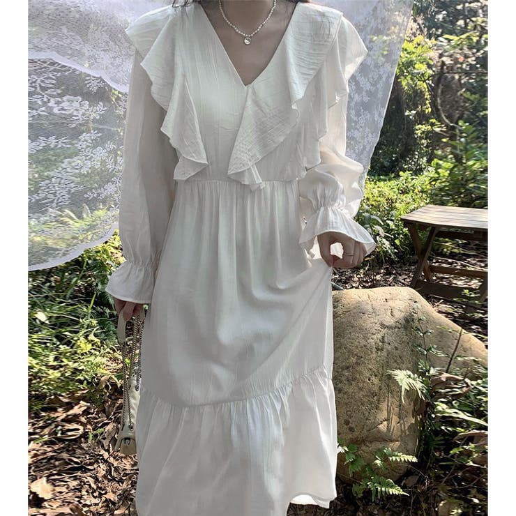 ホワイト | ワンピース 長袖 Vネック | shoppinggo