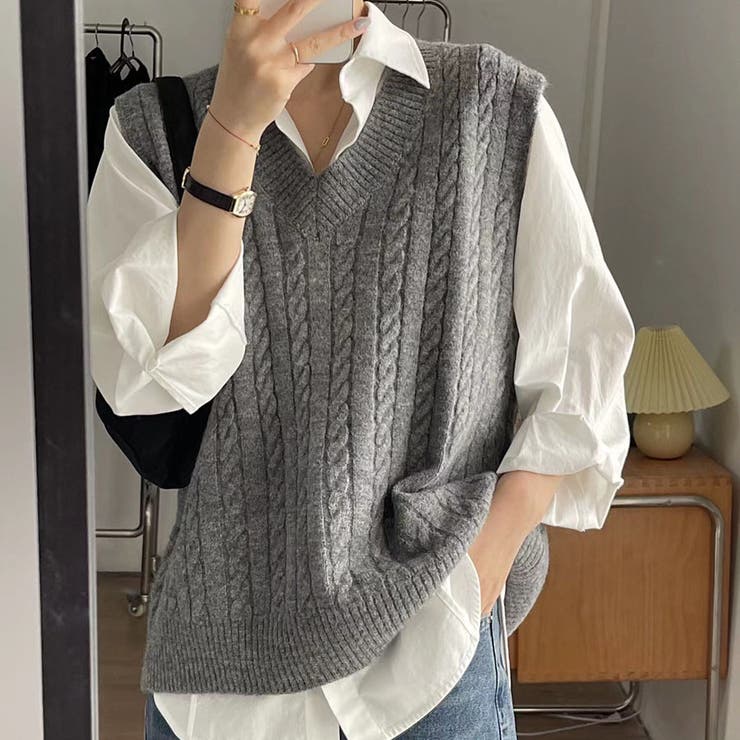 グレー | ニットベスト Vネック トップス | shoppinggo