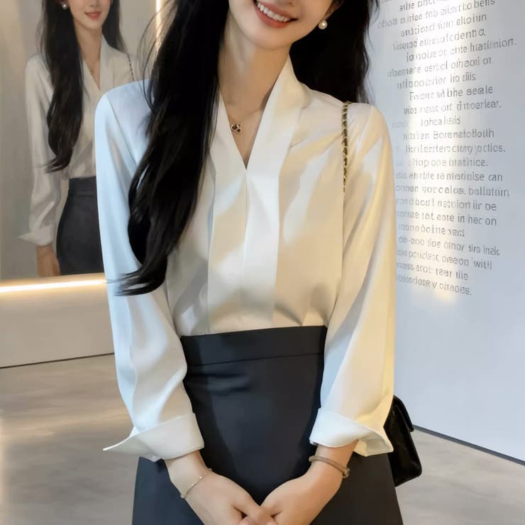 ホワイト | シャツ Vネック ブラウス | shoppinggo