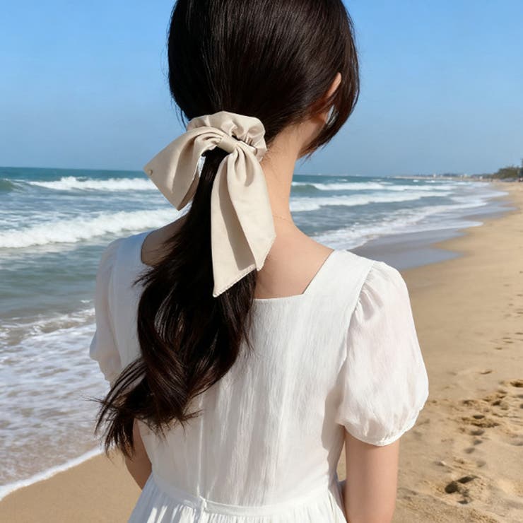 ベージュ | ヘアゴム リボンシュシュ パール高級感 | shoppinggo